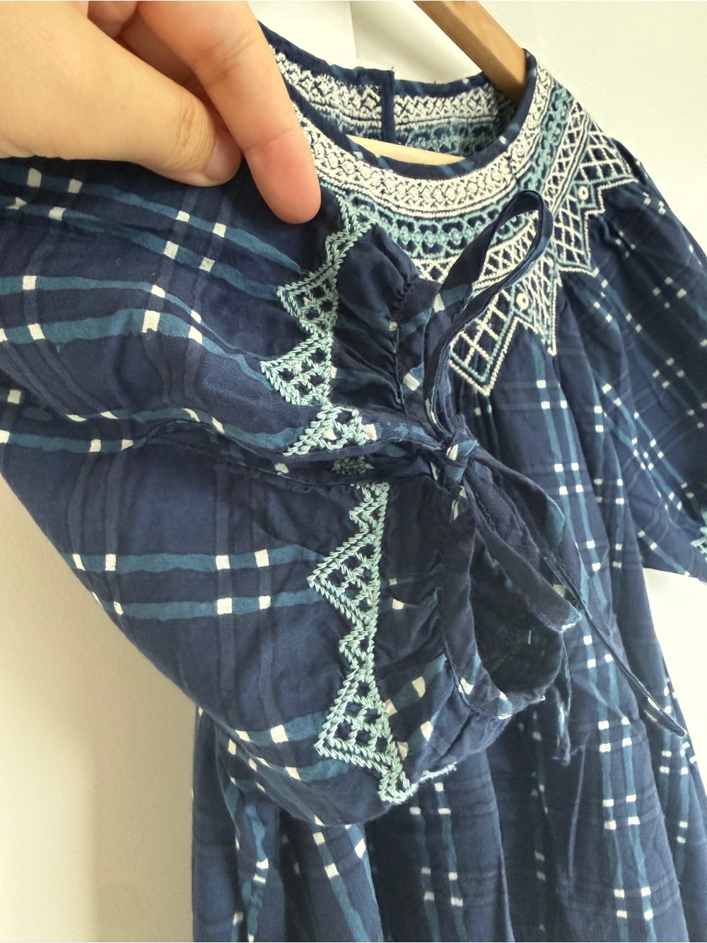 Madewell Embroidered Puff-Sleeve Babydoll Dress in Indigo Plaid - Picture 7 of 9
